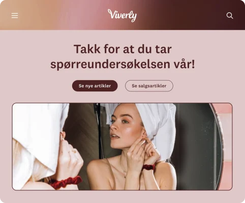 En merket Viverly-side for fullføring av undersøkelser med lenker til å bla gjennom nye artikler og salgsartikler.