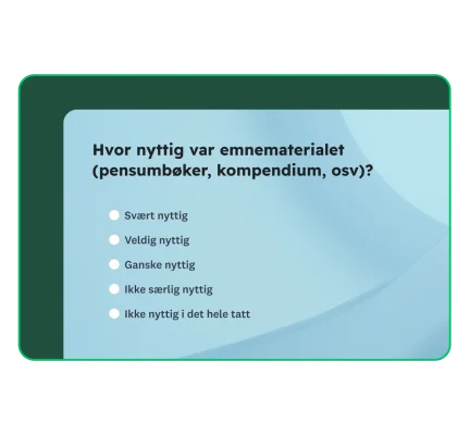 Undersøkelsesboks som spør: «Hvor nyttig var emnematerialet (pensumbøker, kompendium, osv)?»