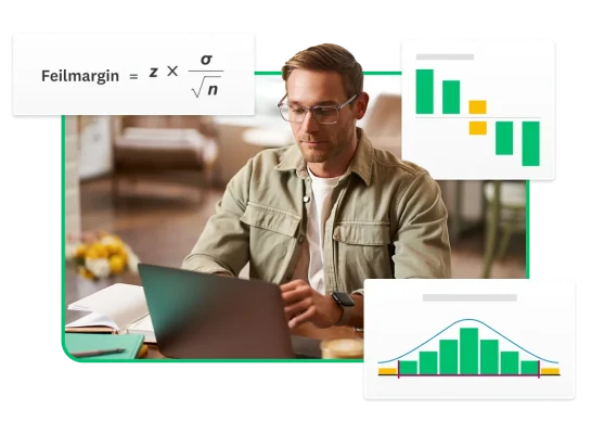 Mann med briller som skriver på datamaskin. Rundt ham er feilmarginformelen og to stolpediagrammer.