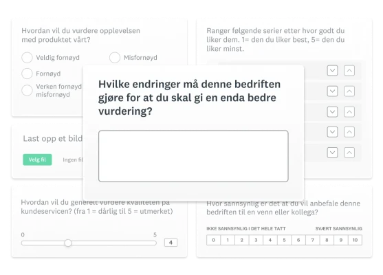Skjermbilder av produkter som viser ulike spørsmålstyper for spørreundersøkelser.