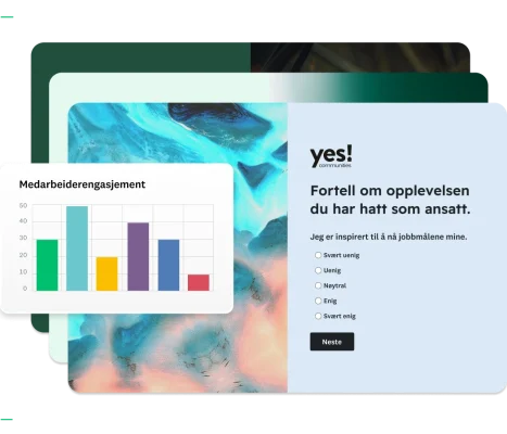 Dashboard for spørreundersøkelse som viser en graf og en spørreundersøkelse om medarbeideropplevelser.