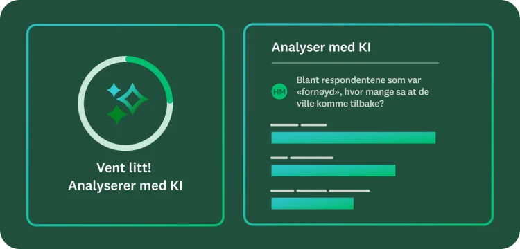 En animasjon som viser en sirkel for innlasting for «Analyser med KI» ved siden av en instruks som stiller KI et spørsmål om respondentene.