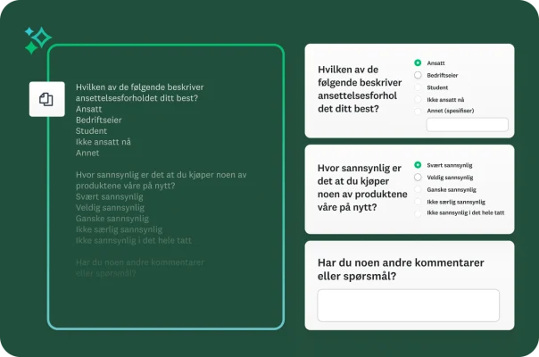 Et skjermbilde som viser en gruppe med ubearbeidede spørreundersøkelsesspørsmål som er limt inn til venstre og plattformen som automatisk formaterer dem til interaktive spørreundersøkelsesspørsmål, til høyre.