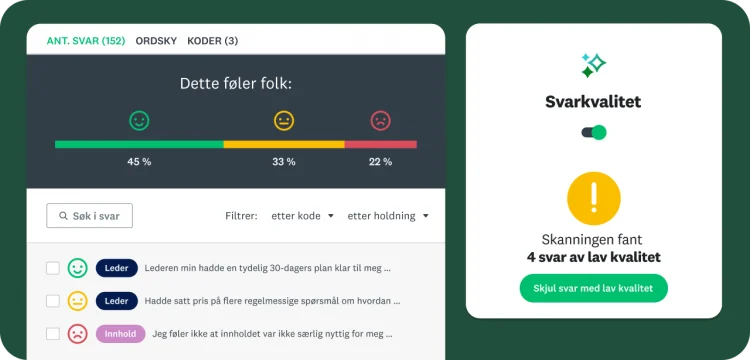 Et dashboard som viser holdningsanalyse av spørreundersøkelsessvar og en funksjon som flagger svar med dårlig kvalitet.