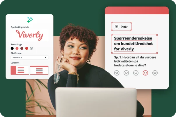 En kvinne som smiler og ser på den bærbare PC-en sin med overlegg som viser alternativer for spørreundersøkelsesstiler som å laste opp en logo, velge en temafarge og redigere en Viverly-spørreundersøkelse om kundetilfredshet.
