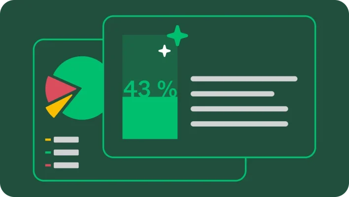 Grafikk som viser to lysbilder som overlapper hverandre. Det ene har et sektordiagram med en forklaring, og det andre har tallet «43 %» og flere linjer med plassholdertekst.