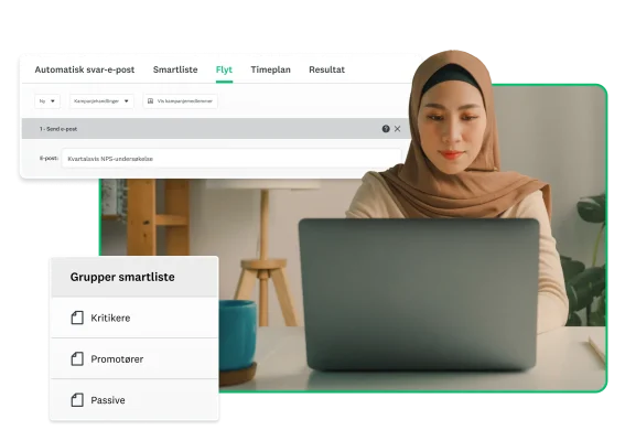 Kvinne som jobber på bærbar PC, ved siden av skjermbilder av gruppesmartlister for å sende ut spørreundersøkelse