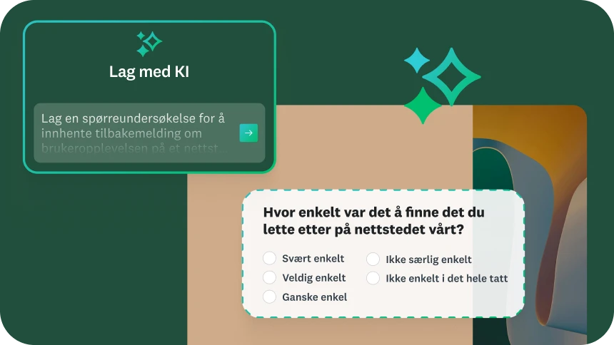 Et skjermbilde av et grensesnitt med tittelen «Lag med KI». En eksempelinstruks er: «Lag en spørreundersøkelse for å innhente tilbakemelding om brukeropplevelsen på et nettsted.» Et eksempelspørsmål fra en undersøkelsen spør: «Hvor enkelt var det å finne det du lette etter på nettstedet vårt?» med en liste over svar.