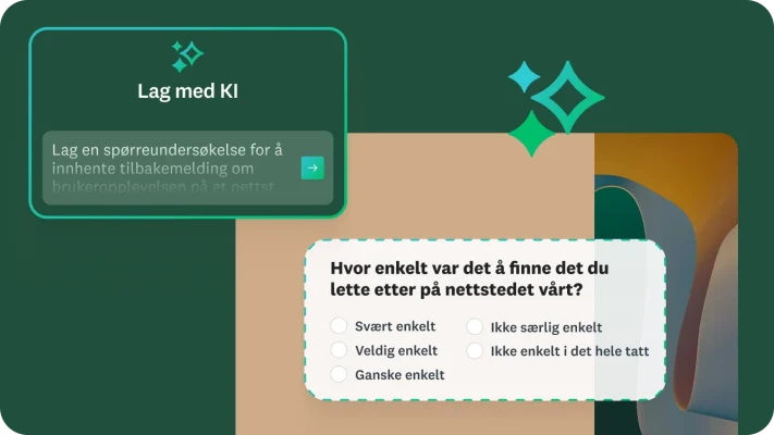 En Lag med KI-instruks der det står: Lag en spørreundersøkelse for å samle inn tilbakemeldinger om brukernes opplevelse etter at de har brukt et nettsted, ved siden av et undersøkelsesspørsmål som spør hvor enkelt det var å finne det de lette etter på nettstedet vårt