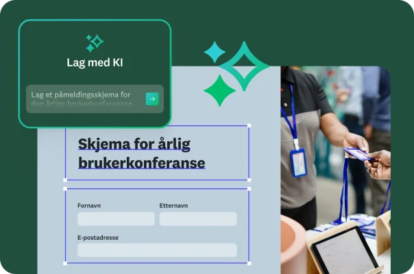 En person som fyller ut et skjema for en årlig brukerkonferanse med et popup-vindu som viser en KI-instruks.