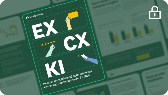 Grafikk som oppsummerer en trendrapport for forretningsvirksomhet. Det står medarbeider-opplevelse, kunde-opplevelse og KI, med små illustrasjoner. Rundt hovedgrafikken er det utdrag av andre rapportsider med diagrammer og tekst.