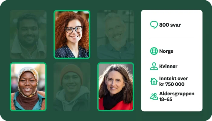 Et rutenett med ulike fjes, med en liste med målrettede demografikriterier for kjøp av spørreundersøkelsessvar.