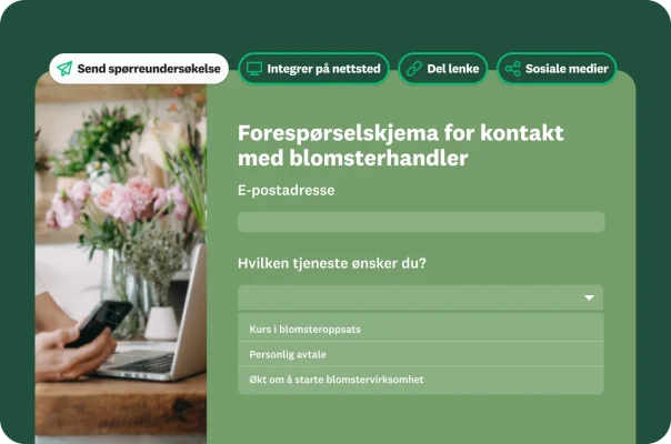 Skjemamaler for forespørsler om konsultasjon med blomsterhandler, ved siden av alternativer som viser ulike måter å dele spørreundersøkelsen på, inkludert utsending via e-post, innebygging på et nettsted, deling av en lenke og publisering på sosiale medier