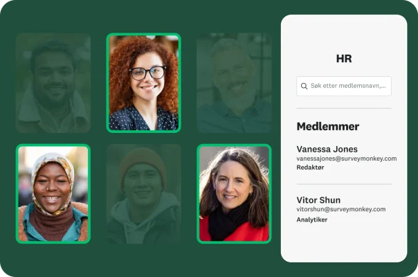 En collage av seks profilbilder av medarbeidere sammen med et panel som viser «HR»-team med to oppførte medlemmer: Vanessa Jones og Vitor Shun.