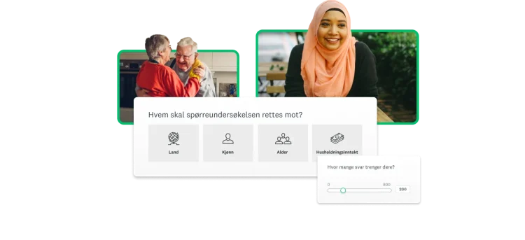 Portretter av forskjellige personer, ved siden av et skjermbilde av SurveyMonkey Audience-panel