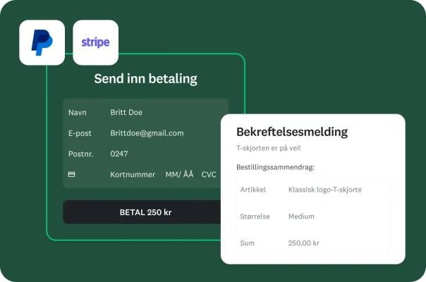 Grensesnitt for mottak av betaling med bekreftelsesmelding integrert med PayPal og Stripe