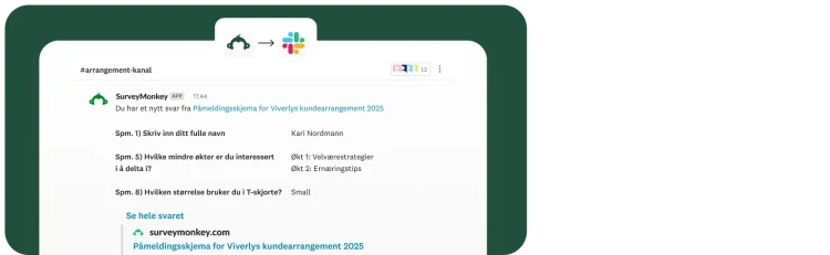 Et Slack-varsel fra SurveyMonkey i en «#arrangement-kanal» som viser en ny påmelding til «Viverlys kundearrangement 2025». Varselet inneholder detaljer om deltagerens navn, valgte økter og T-skjortestørrelse.