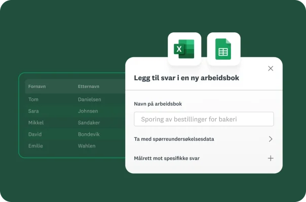 Grensesnitt for dataeksport med Excel- og Google-regneark
