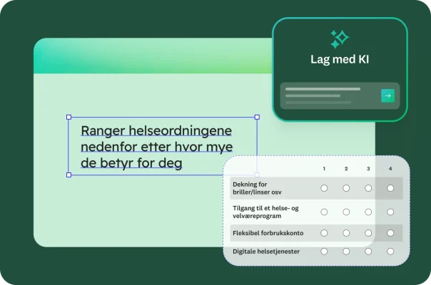 Et skjema som viser et undersøkelsesspørsmål der respondentene der det står «Ranger helseordningene nedenfor etter hvor mye de betyr for deg», med en liste over følgende alternativer «Dekning for briller/linser osv», «Tilgang til et velværeprogram», «Fleksibel forbrukskonto» og "Telemedisintjenester». Opprettingsverktøyet «Lag med KI» vises i hjørnet.