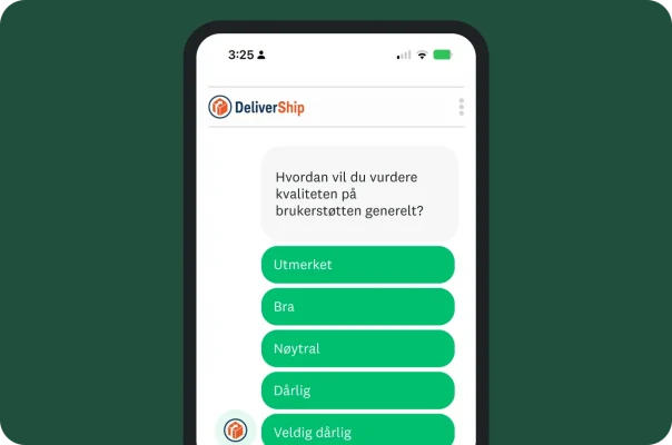Mobilskjerm som viser undersøkelsesspørsmål om hvordan du vil vurdere kvaliteten på opplevelsen du hadde med kundeservicen