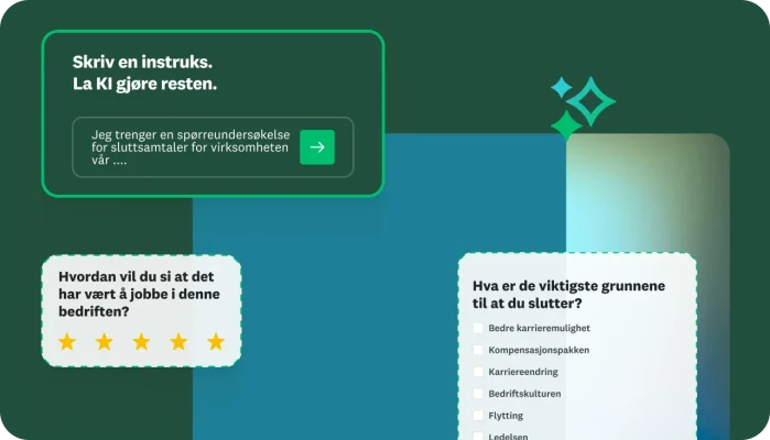 Tekstboks som ber brukeren om å skrive en anvisning og la KI gjøre resten og opprette en undersøkelse ved siden av undersøkelsesspørsmål som spør hvordan du vil rangere erfaringen din fra å jobbe i et firma, og hva som er de viktigste grunnene til at du slutter