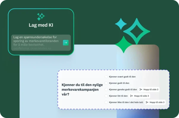 Lag med KI-instruks som ber om en spørreundersøkelse for sporing av merkevaretilstand, som måler bevissthet, ved siden av et spørreundersøkelsesspørsmål som spør om du er oppmerksom på kampanjen vi nylig kjørte for merkevaren vår