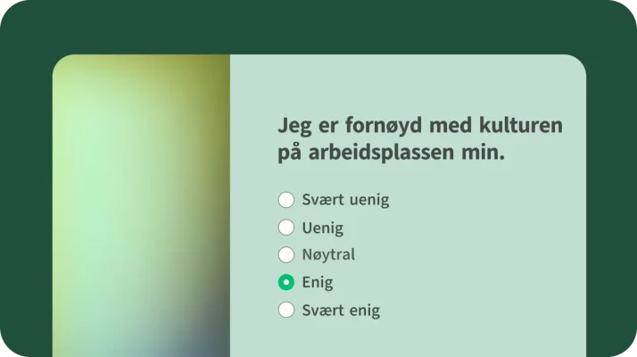 Mal for spørreundersøkelsesspørsmål på arbeidsplassen hvor du spør de ansatte om bedriftskulturen er tilfreds, med en 5-punkts Likert-skala.