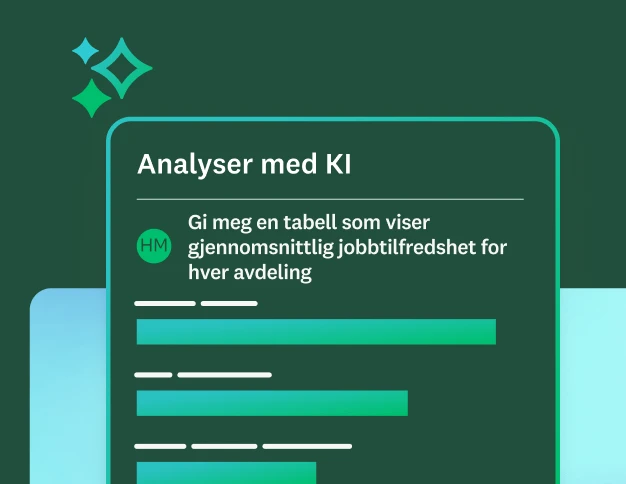 Analyser med KI-instruks: «Gi meg en tabell som viser gjennomsnittlig jobbtilfredshet for hver avdeling» med en forhåndsvisning av et stolpediagram som viser resultatet.