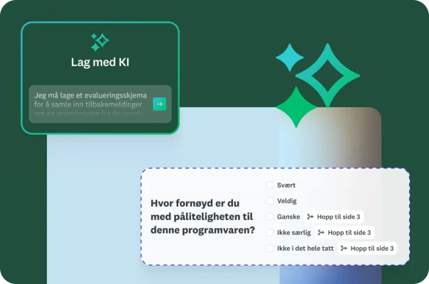 Et spørreundersøkelsesspørsmål om programvarens pålitelighet med betinget forgreningsspørsmål og et KI-instruksoverlegg.