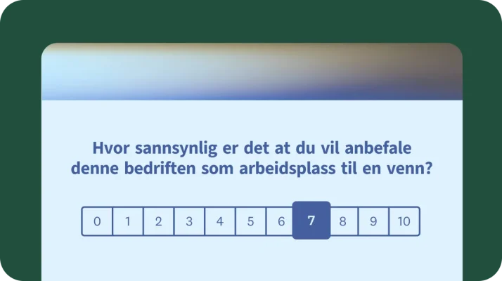 Spørreundersøkelsesmal for Employee Net Promoter Score (eNPS) som viser et rangeringsspørsmål fra 0 til 10 for å anbefale bedriften som arbeidsplass.