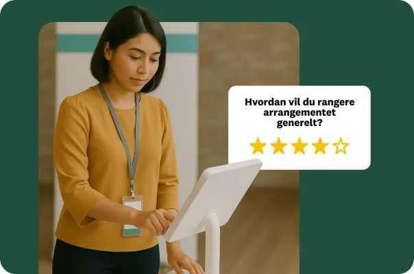 Kvinne med en festesnor som skriver på et nettbrett festet til et stativ, ved siden av spørsmål som spør hvordan du vil vurdere arrangementet generelt, og 4 stjerner