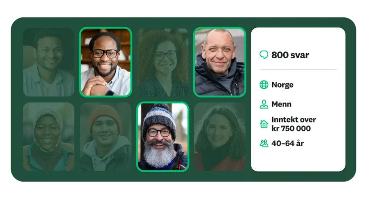 Et rutenett med ulike profilbilder. Et datapanel til høyre viser at undersøkelsen har mottatt «800 svar», og viser demografisk informasjon som sted, kjønn, inntekt og aldersgruppe.