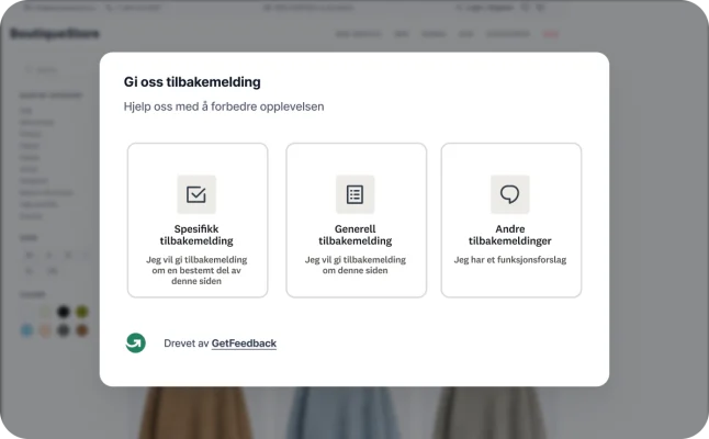 Et modalvindu for tilbakemeldinger på nettsteder drevet av GetFeedback, som gir de besøkende muligheten til å legge igjen spesifikke tilbakemeldinger, generelle tilbakemeldinger eller andre forespørsler