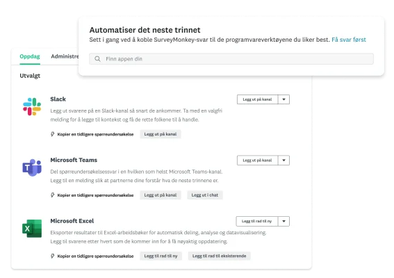 Skjermbilde av Slack- og Microsoft Teams- og Excel-app for SurveyMonkey