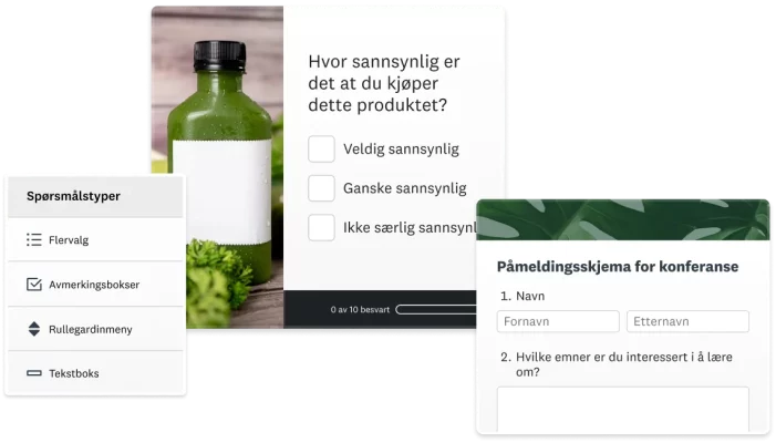 Skjermbilder av undersøkelsesspørsmål og et SurveyMonkey-registreringsskjema