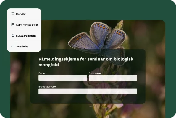 Et «påmeldingsskjema for seminar om biologisk mangfold» med felt for navn og e-postadresse. En meny viser ulike spørsmålstyper: «flervalg», «avmerkingsbokser», «rullegardinmeny» og «tekstboks».