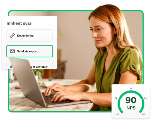 Kvinne som skriver på bærbar PC ved siden av NPS-score på 90 og skjermbilde av en e-post om spørreundersøkelse som sendes via SurveyMonkey