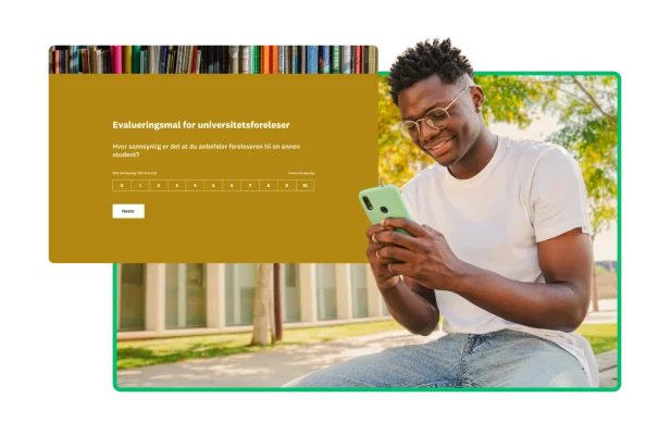 Ung mann som skriver på telefon ved siden av skjermbilde av mal for spørreundersøkelse om evaluering av universitetsveiledning