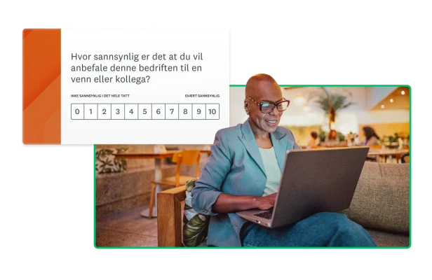 En kvinne som jobber på en bærbar datamaskin med en spørreundersøkelse for tilbakemeldinger fra medarbeidere svevende rundt seg