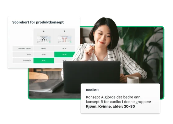 Kvinne som jobber på en bærbar PC, ved siden av skjermbilde av scorekort for produktkonsept og innsikt som viser at konsept A gjorde det bedre enn konsept B blant kvinner i aldersgruppen 20–30.