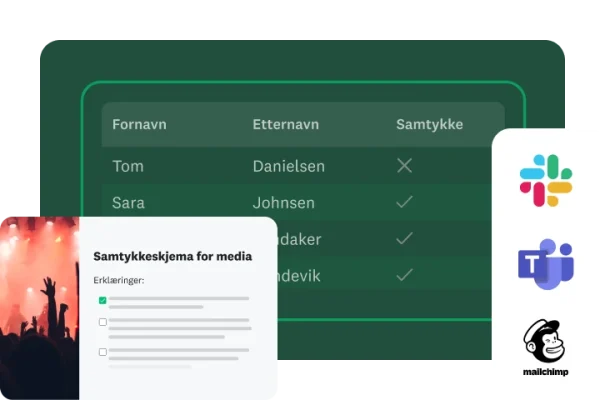 Samtykkeskjema for bruk av medier og en tabell med navn og samtykkestatuser. Logoer for Slack, Teams og Mailchimp er nederst
