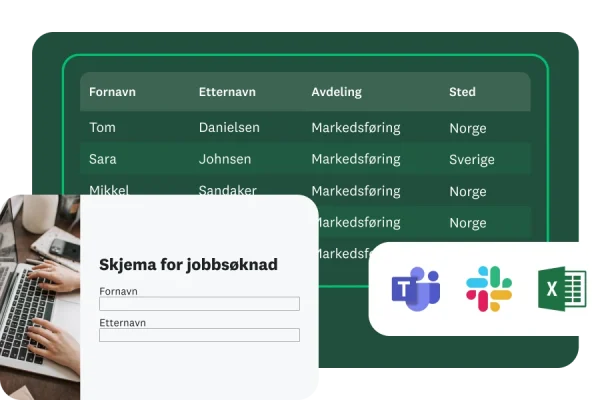 Et «jobbsøknadsskjema» vises ved siden av en tabell med søkernavn, avdelinger og steder. Nedenfor ser man logoer for Microsoft Teams, Slack og Excel.