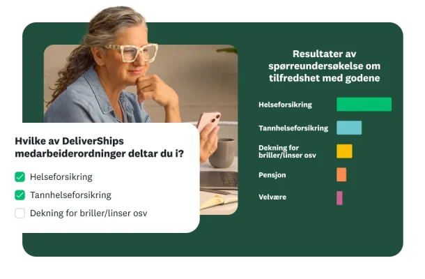 En kvinne som ser på telefonen sin. Et overlegg viser et spørreundersøkelsesspørsmål om hvilke medarbeiderordninger du deltar i. Til høyre er det et søylediagram som viser «Resultater av spørreundersøkelse om tilfredshet med godene» for «Helseforsikring», «Tannlegeforsikring», «Dekning for briller/linser osv», «Pensjon» og «Velvære».