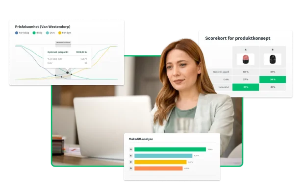 Kvinne som jobber på bærbar datamaskin ved siden av skjermbilder av produktscorekort, diagram om prissensitivitet og maksdiff-analyse