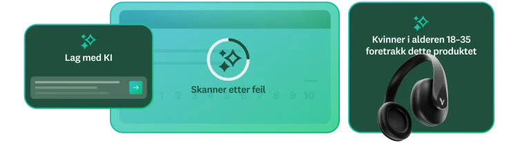 En Lag med KI-instruks ved siden av tekst der det står at det skannes etter feil, og en innsikt som viser at kvinner i aldersgruppen 18–35 foretrakk dette produktet