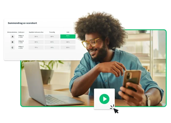 Smilende person som ser på en bærbar PC og holder en telefon, ved siden av skjermbilde av sammendrag av scorekort-tabell som viser resultater for testing av tre forskjellige videoer