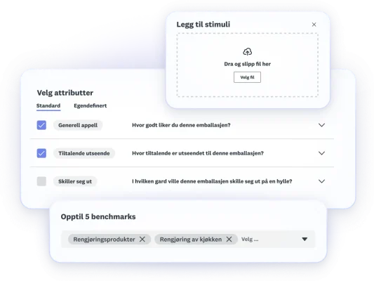 Skjermbilder som viser trinnene i emballasjetesting – legg til stimuli, velg attributter, legg til opptil 5 referansepunkter
