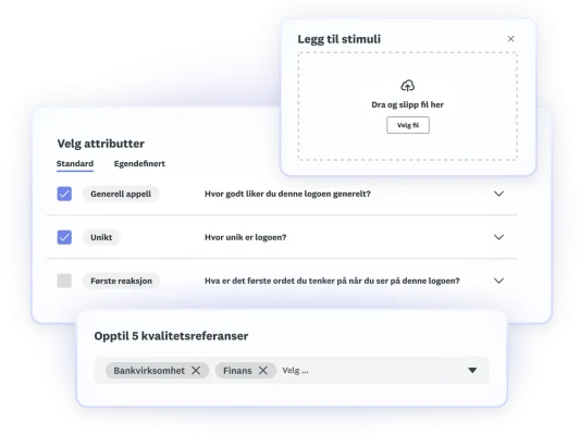 Skjermbilde av trinnene i logotesting – legg til stimuli, velg attributter og legg til opptil 5 referansepunkter