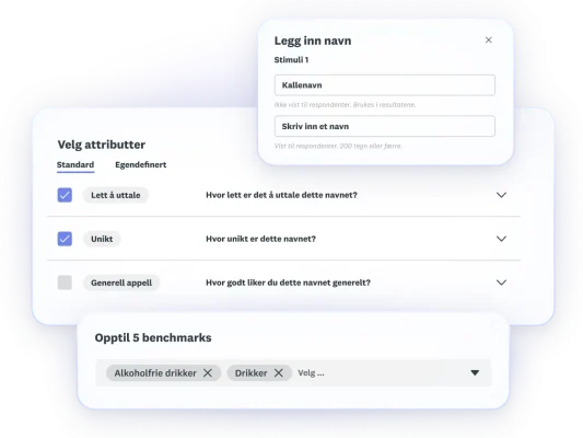 Screenshots of steps from name testing - add names, select attributes, add up to 5 benchmarks