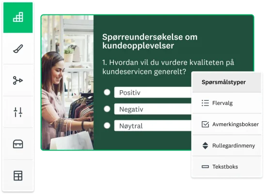 Person som jobber på PC med skjermbilder av spørreundersøkelse som lages i SurveyMonkey ved siden av